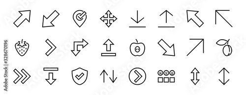 Set of line arrows, directions, arrows, contains icons such as pause, continuation, directly, to the right, Editable stroke. 480x480, On a white background, Vector illustration