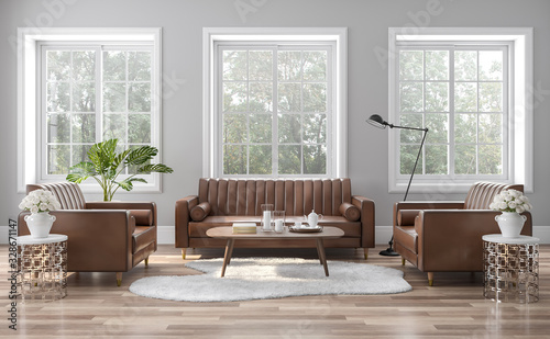 The vintage style living room is decorated with brown-orange leather sofas 3D render. The rooms have wooden floors and gray walls, with white windows offering natural views. photo