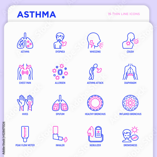Asthma thin line icons set: allergen, dyspnea, cough, wheezing, chest pain, diaphragm, asthma attack, hives, sputum, peak flow meter, inhaler, nebulizer. Modern vector illustration.