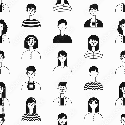 Seamless pattern of people with different emotions. Caucasian, young happy people in casual clothing. Vector illustration in flat style.