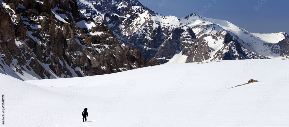 Hiker in snowy mountains