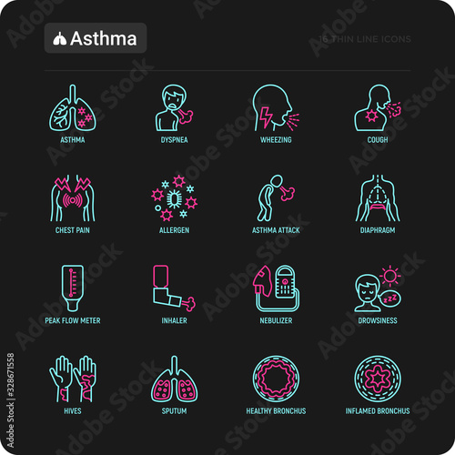 Asthma thin line icons set: allergen, dyspnea, cough, wheezing, chest pain, diaphragm, asthma attack, hives, sputum, peak flow meter, inhaler, nebulizer. Modern vector illustration.