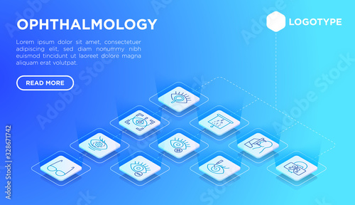 Ophthalmology web page template with thin line isometric icons: laser eye surgery, eye test, eye drops, contact lenses, cataract, astigmatism, phoropter, autorefractometer. Vector illustration.