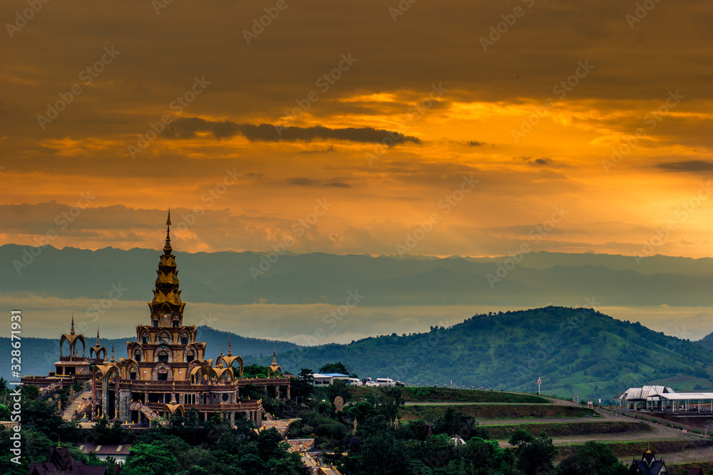 Natural background,high angle that overlooks blurred scenery from fog, rain that flows through,sees Buddha images,temples,mountains,is a viewpoint while traveling in Phetchabun,Khao Kho,Thailand