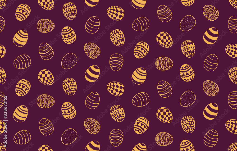 Hand drawn seamless vector pattern with painted eggs, gold on purple background. Design concept for Easter print, packaging, wrapping paper, card, banner, invite. Flat style illustration.