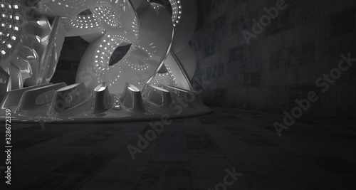 Architectural background. Abstract concrete interior with smooth glossy white discs. Neon lighting. 3D illustration and rendering.