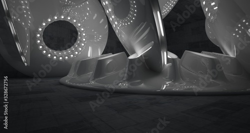 Architectural background. Abstract concrete interior with smooth glossy white discs. Neon lighting. 3D illustration and rendering.