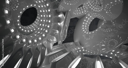 Architectural background. Abstract concrete interior with smooth glossy white discs. Neon lighting. 3D illustration and rendering.