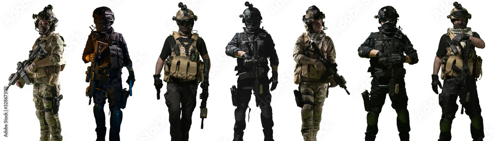 Special forces soldiers and swat team members, isolated white background Special forces soldiers and swat team members, isolated white background
