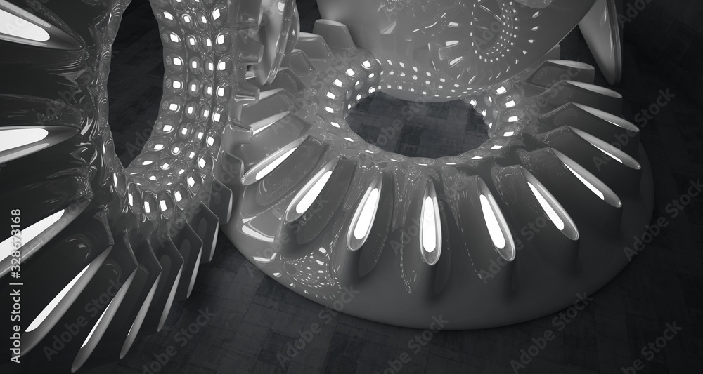 Obraz premium Architectural background. Abstract concrete interior with smooth glossy white discs. Neon lighting. 3D illustration and rendering.