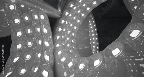 Architectural background. Abstract concrete interior with smooth glossy white discs. Neon lighting. 3D illustration and rendering.