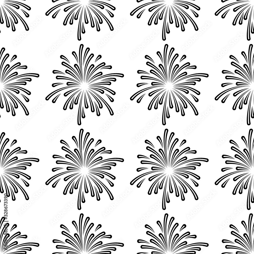 Firework vector seamless pattern on white background. Black and white holiday background hand-drawn. Design for textile, wrapping, print.