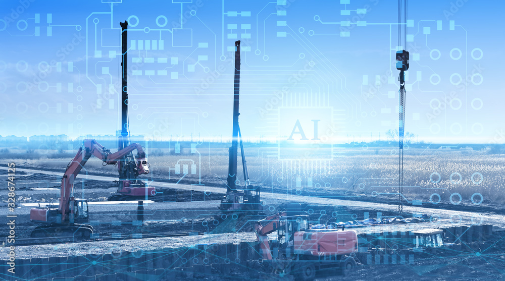 Fototapeta premium construction automation concept, calculation and planning of pile installation, management of piling machines and artificial intelligence equipment, data transfer through cloud systems