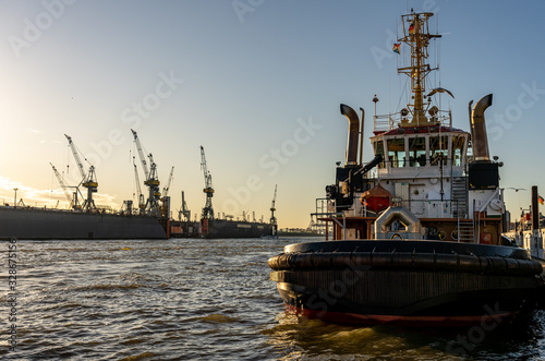 ship at bridge 10 famous fish buns at landungsbrücken in Hamburg, germany