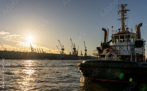 ship at bridge 10 famous fish buns at landungsbrücken in Hamburg, germany