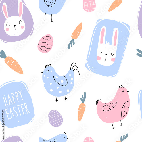 Vector seamless repeating hand-drawn color children's spring easter pattern with bunnies, hens, easter eggs and carrots in scandinavian style on a white background. Seamless easter pattern. Spring.