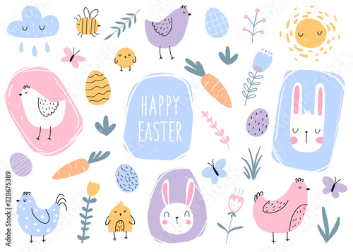 Vector color hand-drawn children   s cute easter set with hens  bunny  easter eggs carrots  butterfly and flowers in scandinavian style on a white background. Easter set. Spring. Happy easter.
