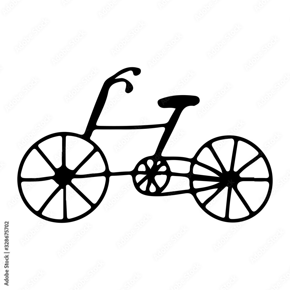 Doodle style bike on an isolated white background. Traveling, camping, sports. Stock vector illustration