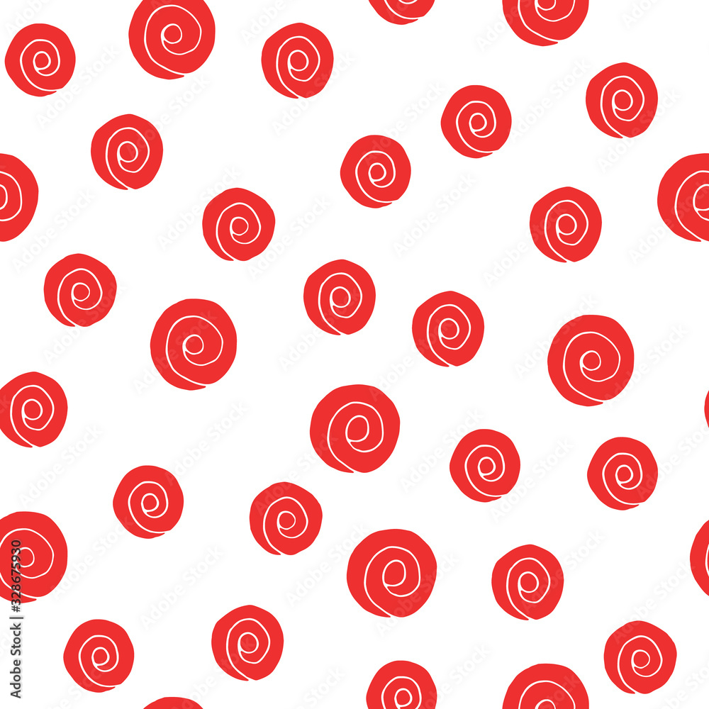 Abstract seamless pattern, red elements on white background. Flowers, roses butons in doodle style. Vector illustration.