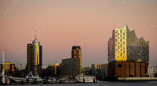 hamburg elbphilharmonie building at sunset, long exposure, hamburg, germany photo