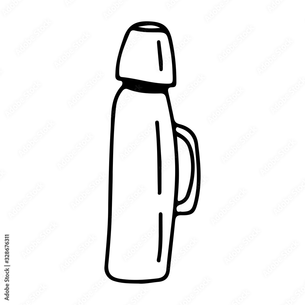 Thermos in doodle style on an isolated white background. Camping, travel element. Stock vector illustration Thermos in doodle style on an isolated white background. Camping, travel element. Stock vector illustration