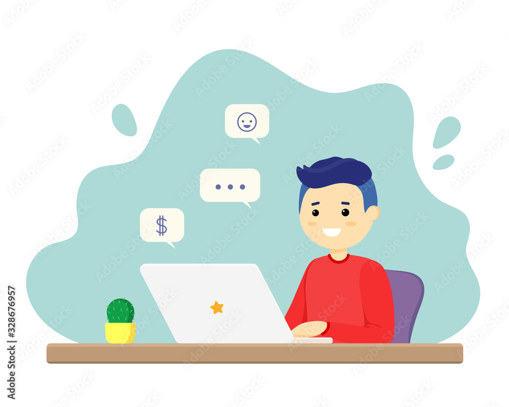 Man sitting at a table with a laptop. Vector illustration in a flat style. Social media icons. Happy character. Work on the Internet, sales, social networks, freelance. Successful workflow. Man sitting at a table with a laptop. Vector illustration in a flat style. Social media icons. Happy character. Work on the Internet, sales, social networks, freelance. Successful workflow.