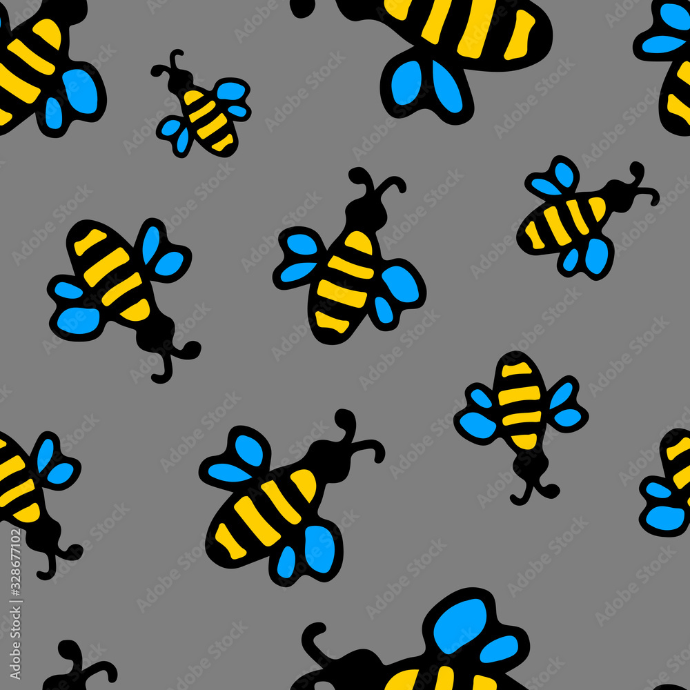 Fototapeta premium Seamless pattern in cartoon style. bees on a gray background. Nature, forest holidays, insects. Stock vector illustration