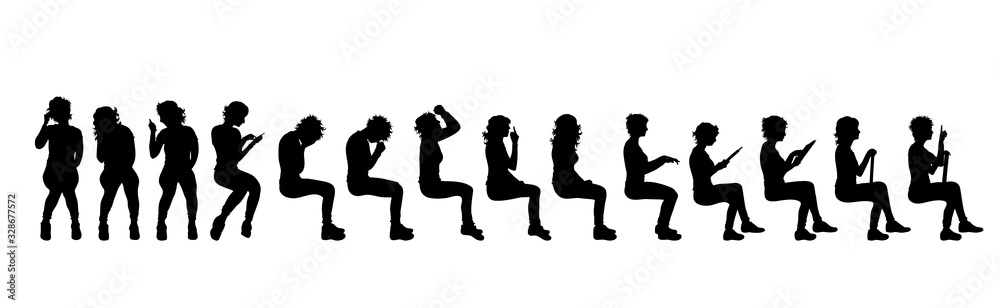 Vector silhouette of collection of sitting women on white background. Symbol of people.