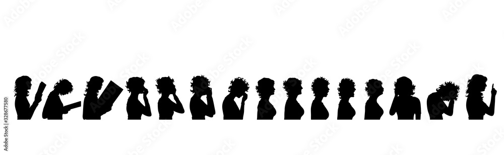Vector silhouette of collection of women on white background. Symbol of people.