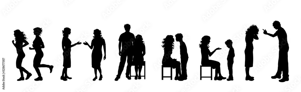 Vector silhouette of collection of couple in different pose on white background. Symbol of people.