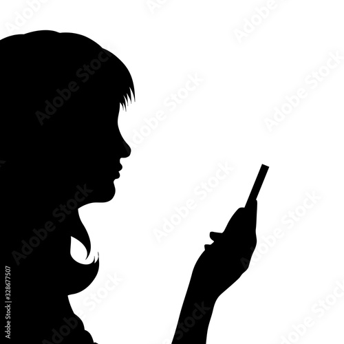 Vector silhouette of anonymous woman with cell phone on white background. Symbol of people and telecommunication.