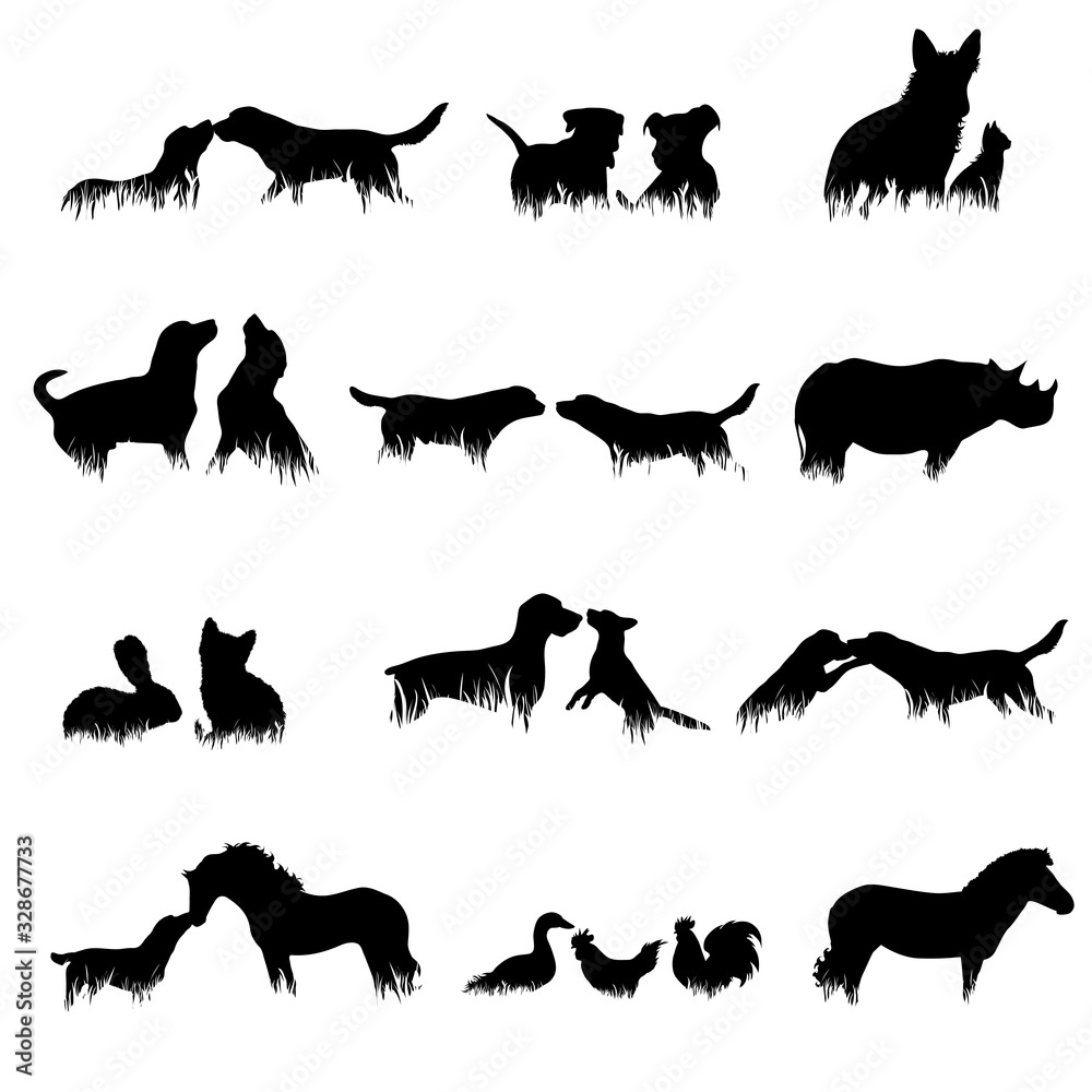 Collection of vector silhouette of different animals in grass on white background.