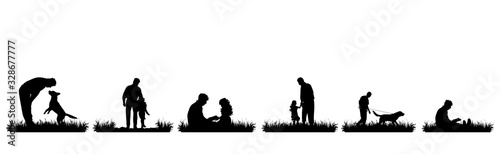 Collection of vector silhouette of people with dog in nature on white background. Symbol of nature.