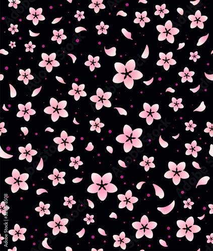 Wallpaper Mural Pink sakura flowers seamless vector pattern on a black background. Spring cherry blossom season in Japan. Torontodigital.ca