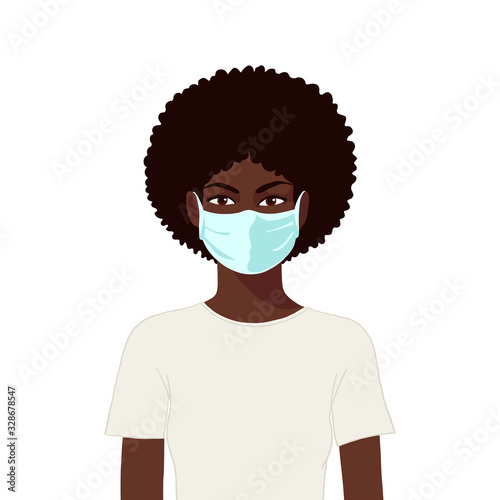 Flat realistic african woman with mask. Coronavirus concept.