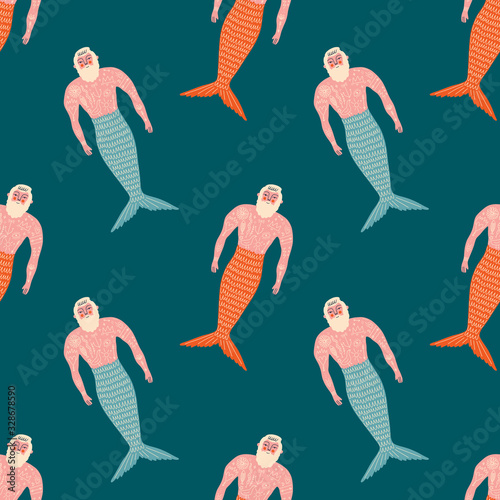 Merman flat art funny cartoon doodle seamless pattern, vector