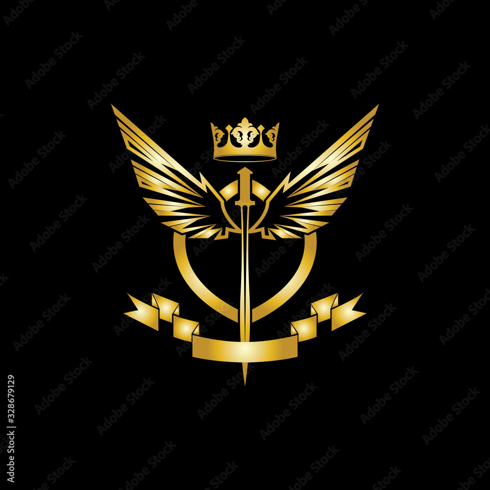 Heraldic Composition with crown, swords, wings, shield and ribbon. Heraldic Composition with crown, swords, wings, shield and ribbon.