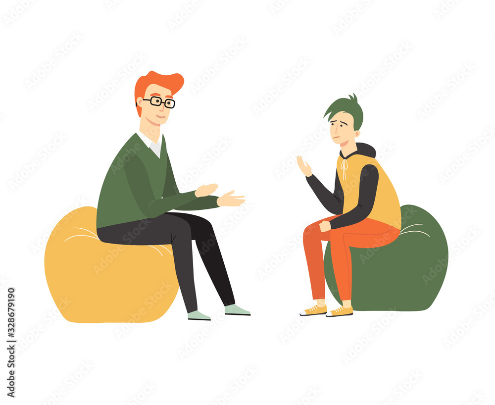 Professional psychologist speaking with teenage patient, teenager psychotherapy design. Vector cartoon illustration.