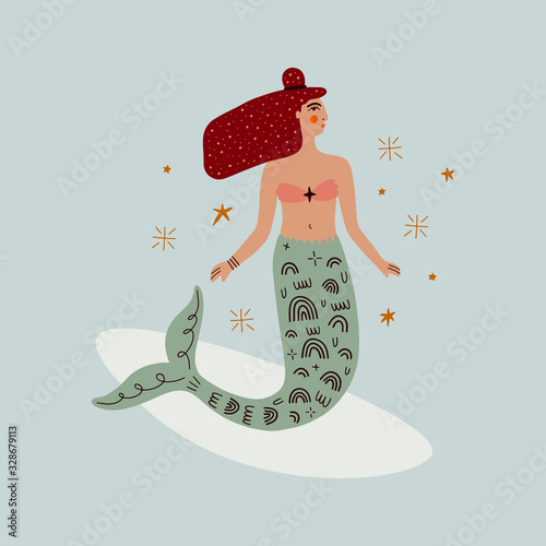 Cartoon color card with cute flat cartoon sea mermaid or serena illustration. Perfect for invitation or leaflet design, Birthday postcard, poster, t-shirt. Surf girl concept. Vector clip art