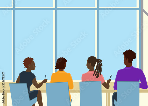 Flat hand drawn african people in the office, coworking concept, business group.