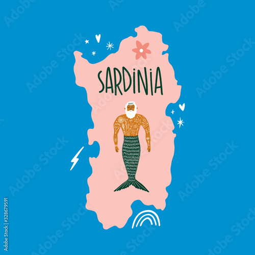 Modern cartoon colorful flat stylized Italia Sardinia map with mermaid man, cute illustration. Doodle concept of Italy. Vector EPS clip art