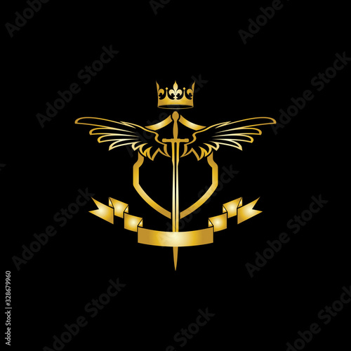 Heraldic Composition with crown, swords, wings, shield and ribbon.