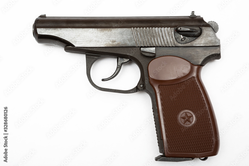 Russian pistol isolated on a white background. Gun Soviet Union