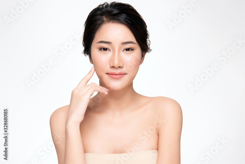 Portrait beautiful young asian woman clean fresh bare skin concept. Asian girl beauty face skincare and health wellness, Facial treatment, Perfect skin, Natural makeup, on white background,