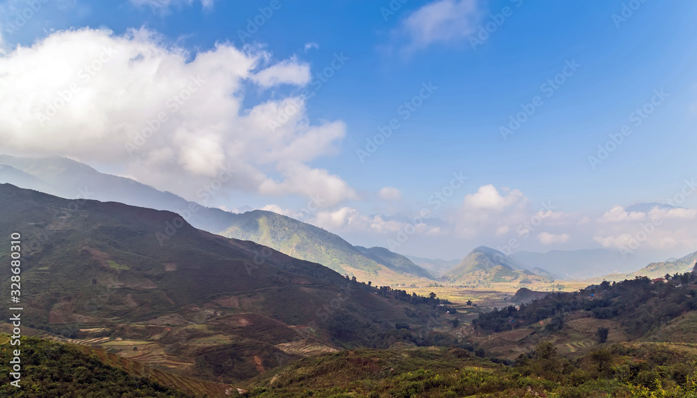 Mountain range silhouettes fog nature background Mountain range silhouettes fog nature background