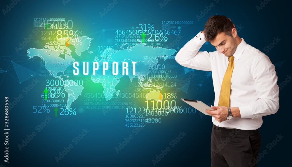 Businessman in front of a decision with SUPPORT inscription, business concept Businessman in front of a decision with SUPPORT inscription, business concept
