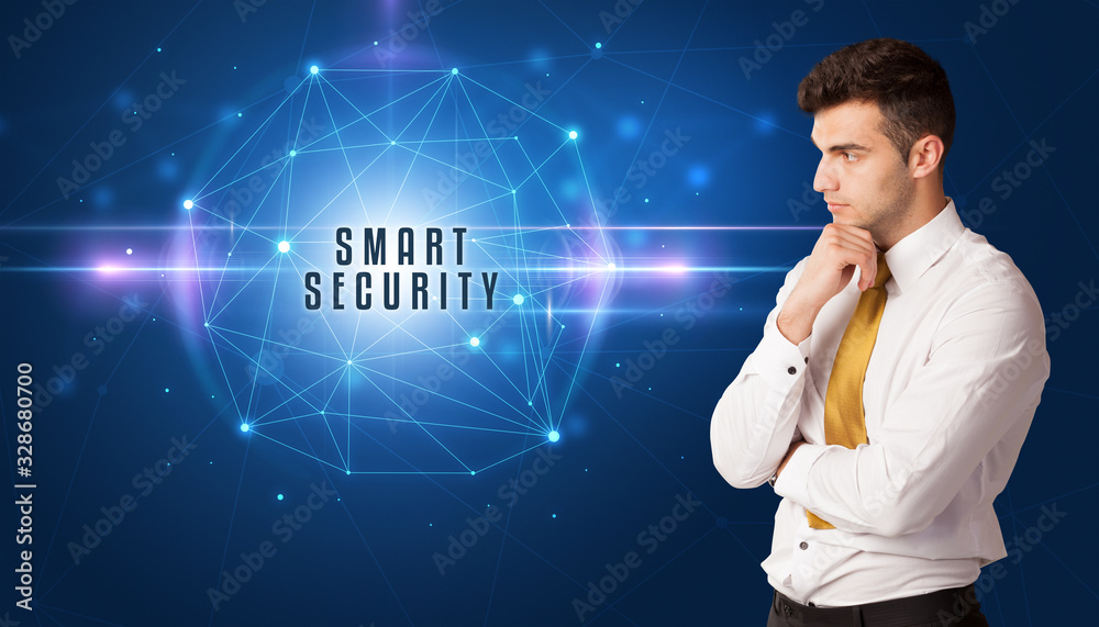 Businessman thinking about security solutions with SMART SECURITY inscription Businessman thinking about security solutions with SMART SECURITY inscription