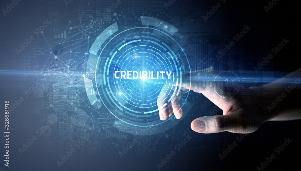Hand touching CREDIBILITY button, modern business technology concept Hand touching CREDIBILITY button, modern business technology concept