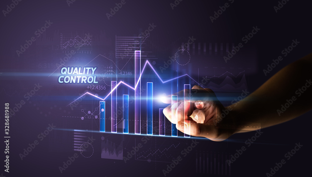 Hand touching QUALITY CONTROL button, business concept Hand touching QUALITY CONTROL button, business concept