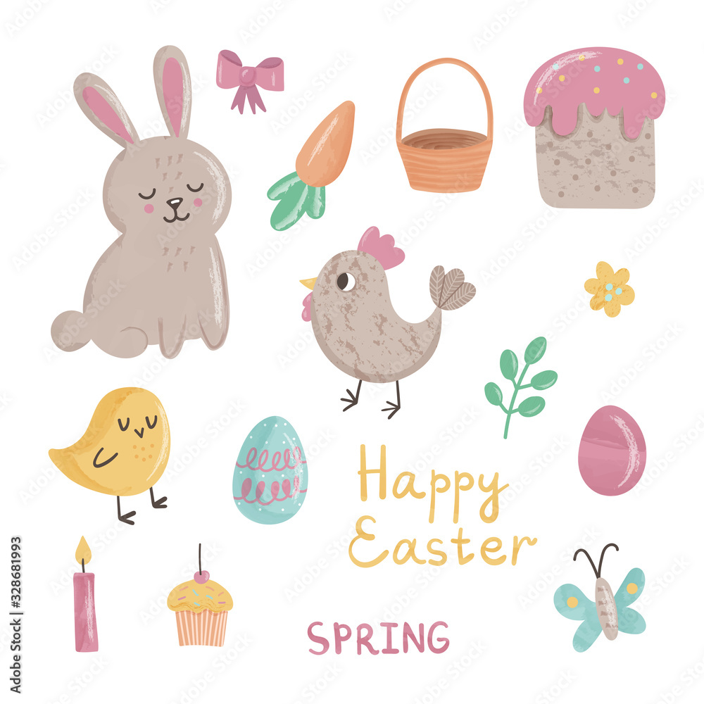 Fototapeta premium Set of cute Easter cartoon characters and design elements. Easter bunny, butterfly, pie, chicken, chick, egg and carrot, lettering. Vector illustration on white.